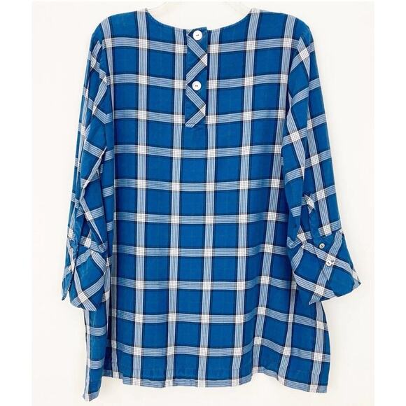 J. Jill Atlantic Plaid Tunic Top size XS Petites Hi-lo Button Back blue - Picture 2 of 15